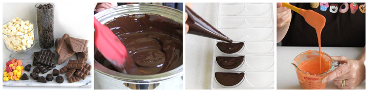 Chocolate Making Basics, pure chocolate vs. compound chocolates (candy melts), melting chocolate, tempering chocolate, piping chocolate into candy molds, and thinning candy melts.