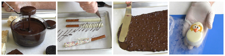 Online Chocolate Candies Course lessons, how to make chocolate dipped cookies, chocolate drizzles pretzels, chocolate bark, and hand painted chocolate candies and lollipops.